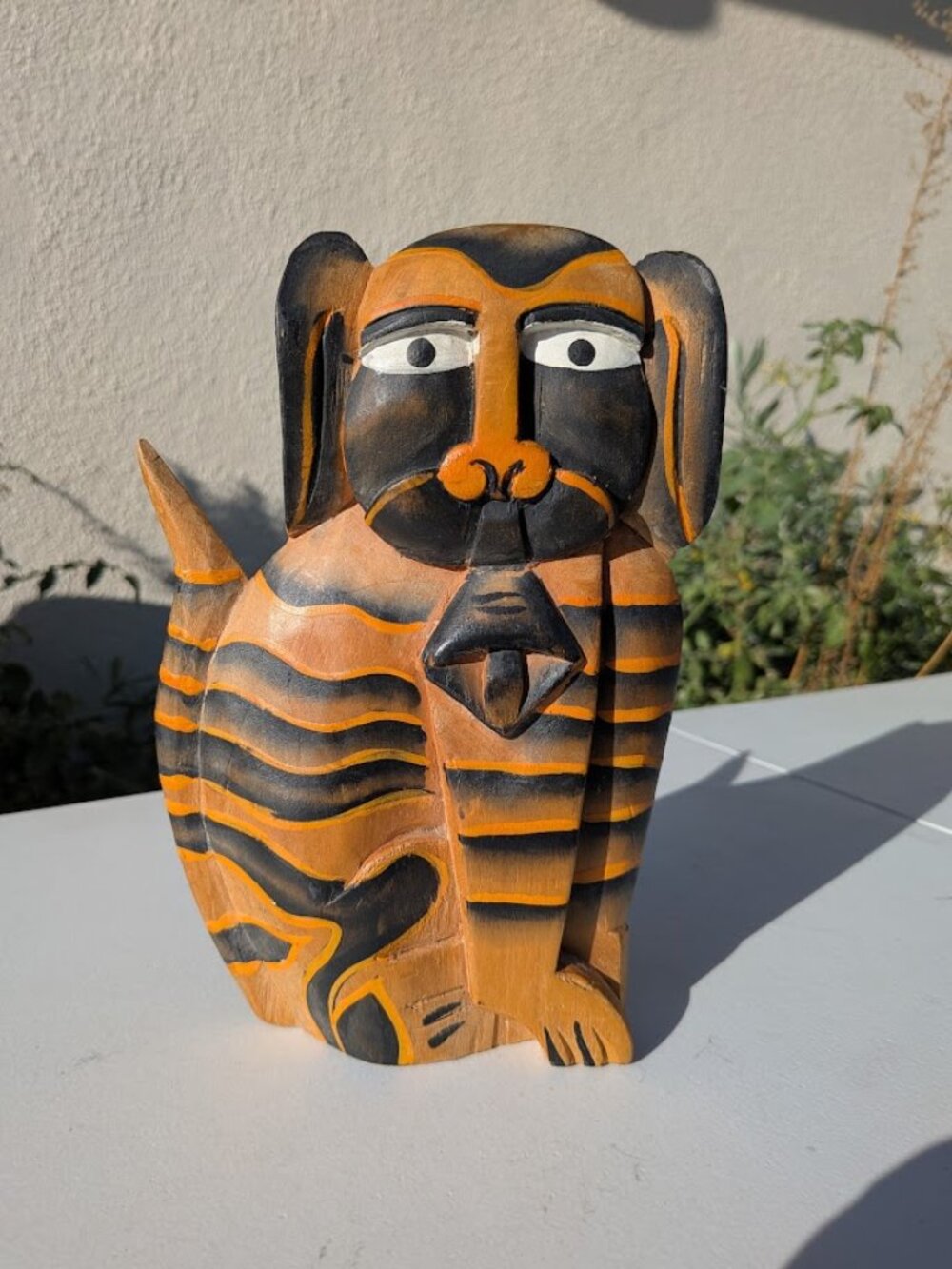 Vintage Hand-Carved Wooden Tiger Dog Figurine Folk Art Sculpture 8” Tall Cat Scu